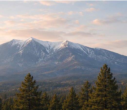 The snow-streaked San Francisco Peaks rising above ponderosa pine forest near Flagstaff, Arizona